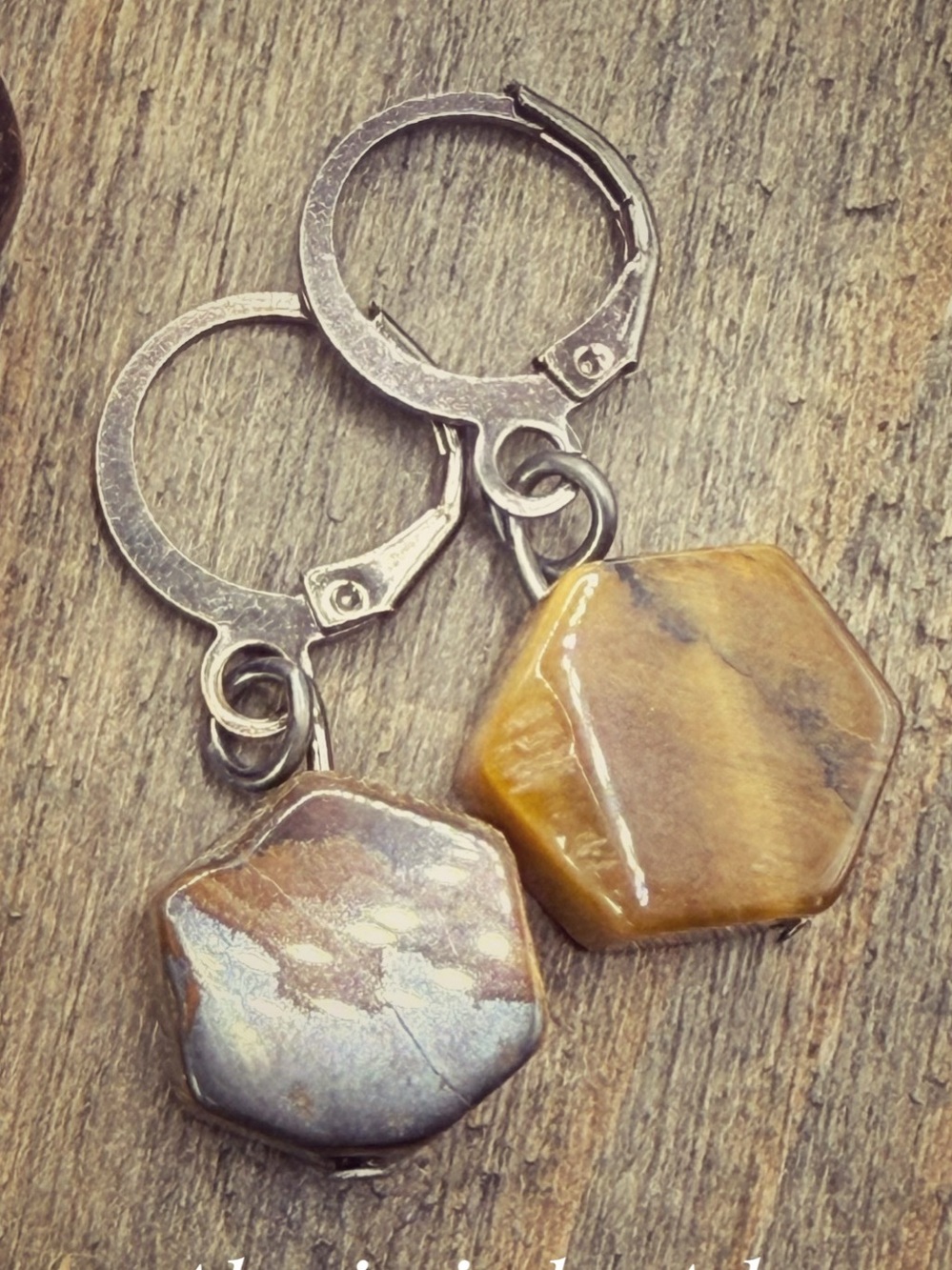 Tiger’s Eye Natural Stone Hoop Earrings in Brown & Gray